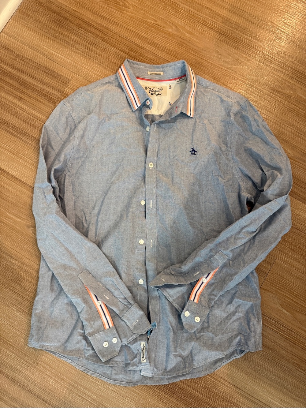 Original Penguin Light Blue Long Sleeve Shirt with Stripe-Trim Collar